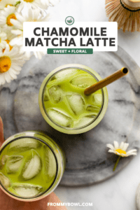 two chamomile matcha lattes in glasses with ice on marble background
