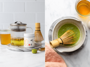 side-by-side photos of brewing chamomile tea in glass jar next to whisked matcha in ceramic bowl