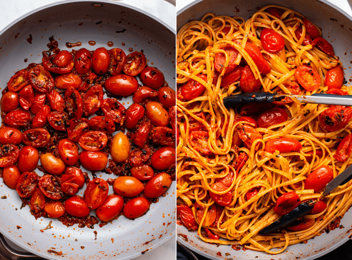 side-by-side photos of sauteed tomatoes next to tomatoes tossed with fresh pasta