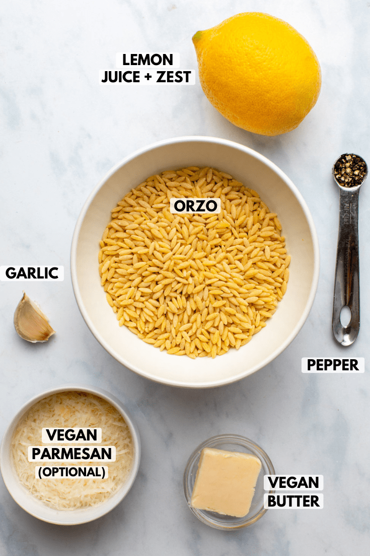 ingredients for orzo arranged on kitchen countertop