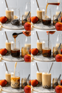 collage showing the steps of how to add boba ingredients to a tall glass