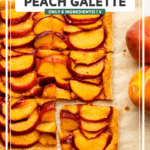 puff pastry peach galette sliced and resting on tan parchment paper