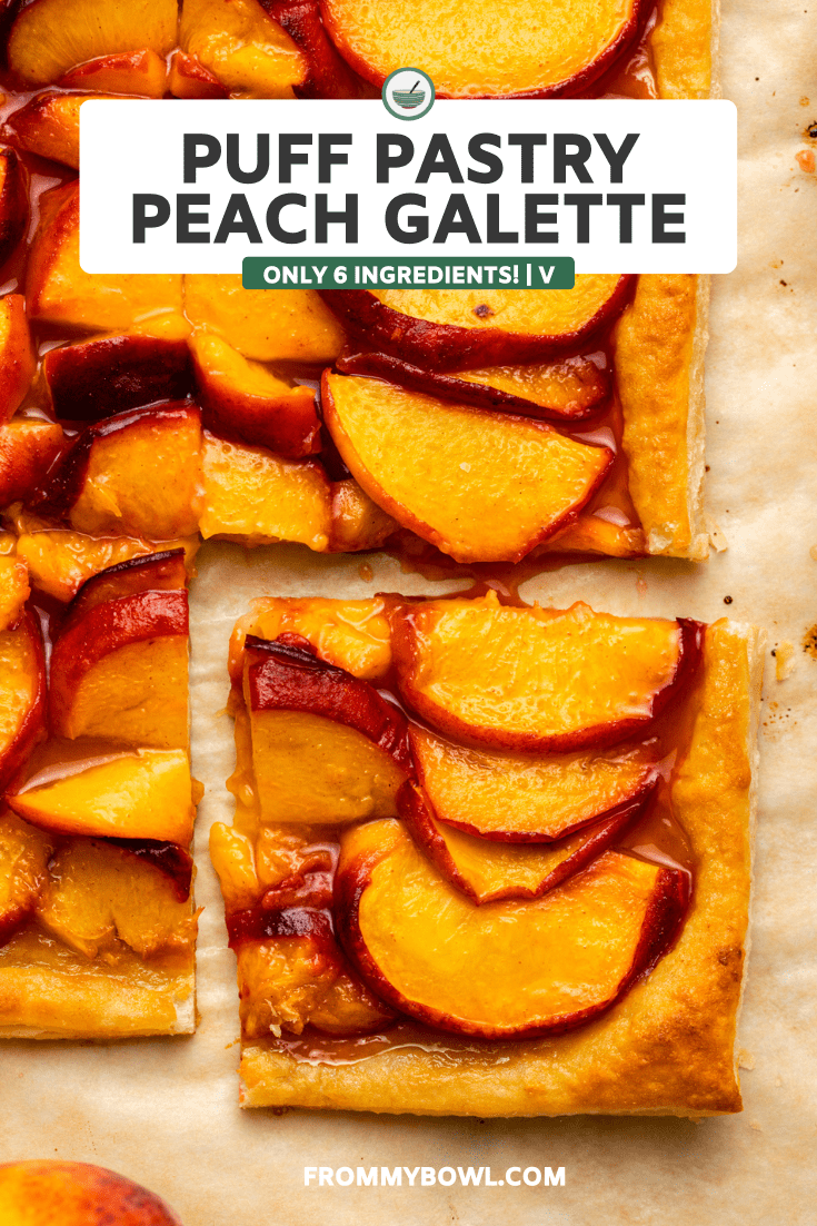 sliced puff pastry peach galette after baking on parchment paper