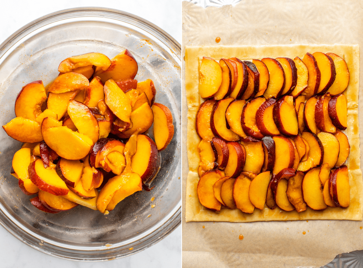 side-by-side photos of peaches in bowl next to galette before baking