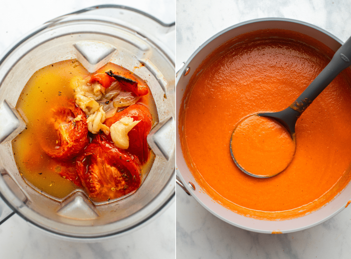 tomato soup in blender before blending next to photo of soup in pot after blending