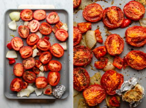side-by-side photos of tomatoes and onions on baking sheet before and after roasting