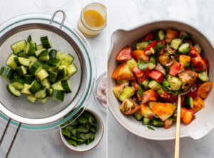 side-by-side photo of smashed cucumbers with jar of dressing next to finished, mixed salad