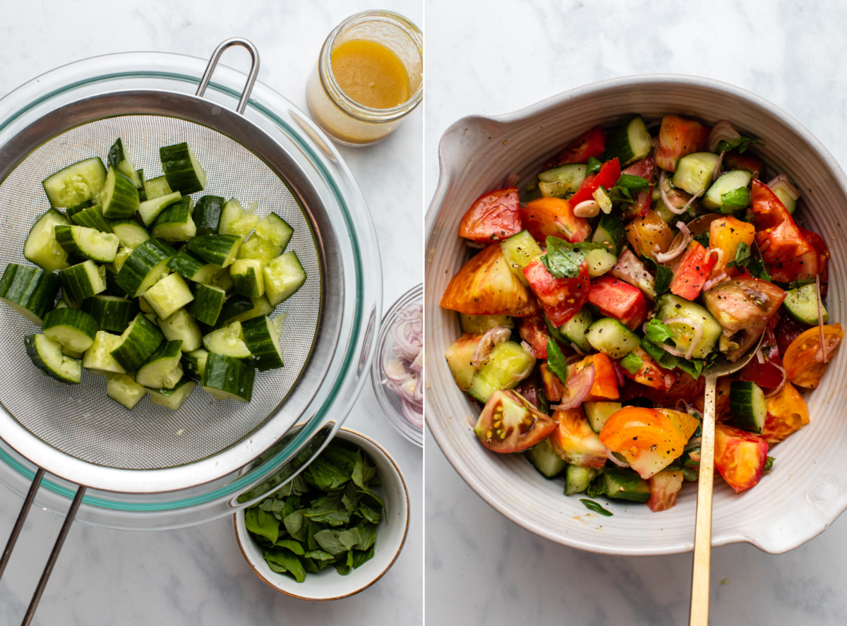 Side by side photo of mashed cucumbers with a jar of dressing next to a ready mixed salad