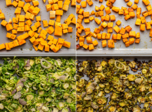 side by side photos of vegetables before and after roasting