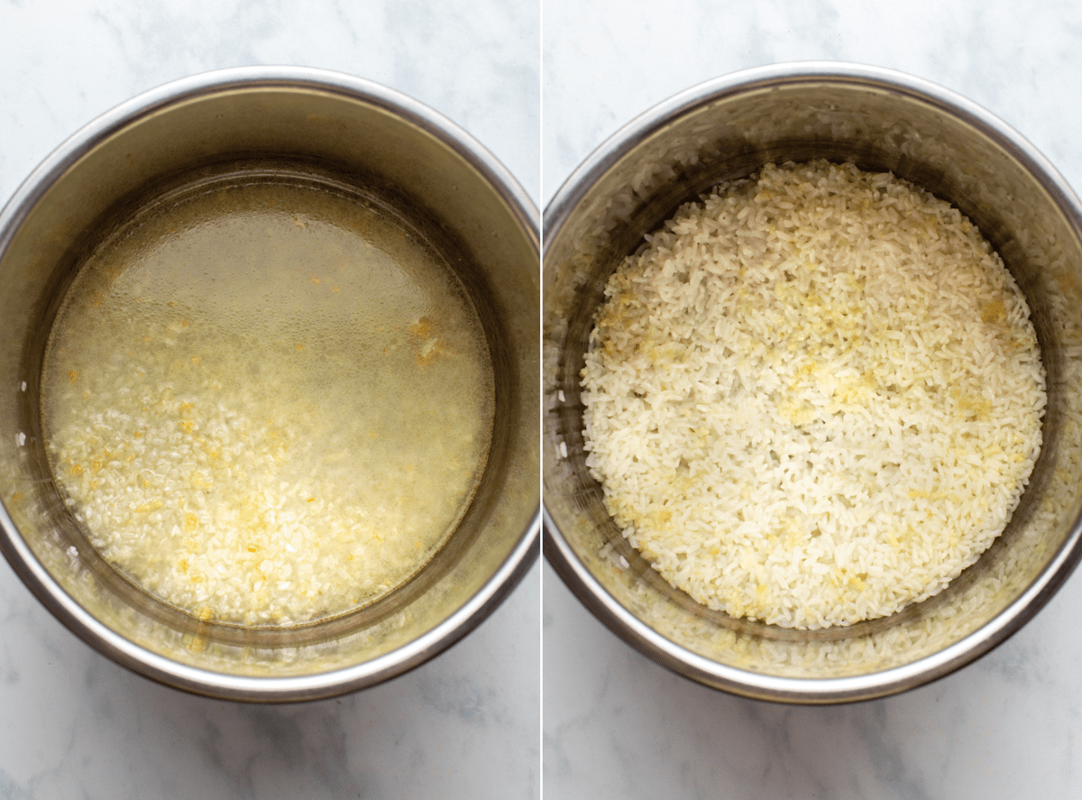 side by side photos of rice in instant pot before and after cooking