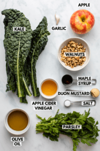 ingredients for kale apple salad on kitchen countertop