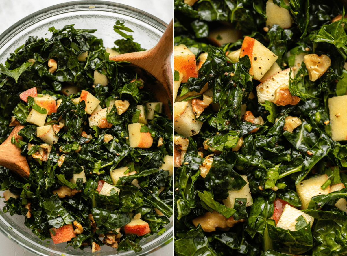 side by side photos of kale apple walnut salad in mixing bowl