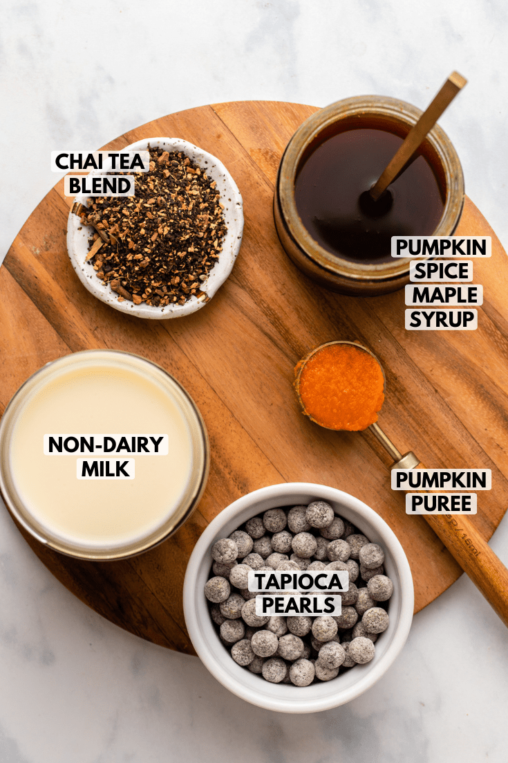 ingredients for pumpkin chai bubble tea on cutting board