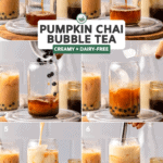 side by side photos of steps to make pumpkin bubble tea