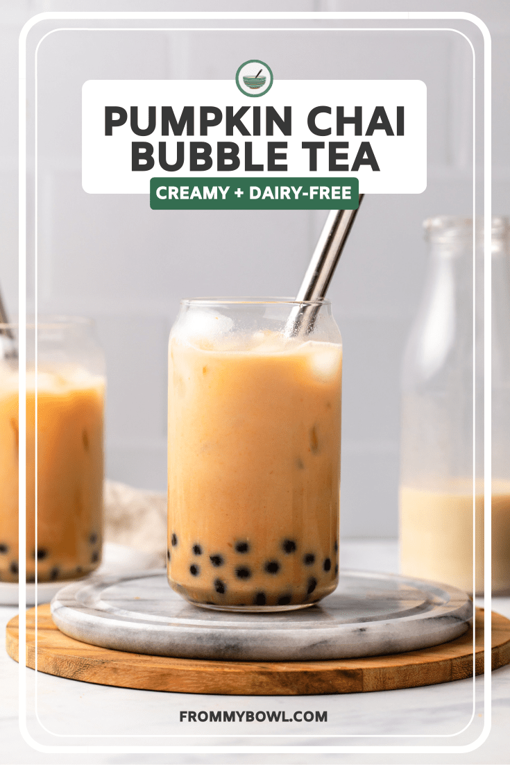 pumpkin chai bubble tea in glass on kitchen counter