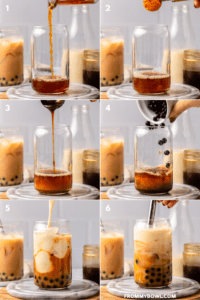 side by side photos of steps to make pumpkin bubble tea