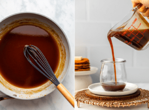 side-by-side photos of maple syrup in pan next to cup pouring syrup into jar