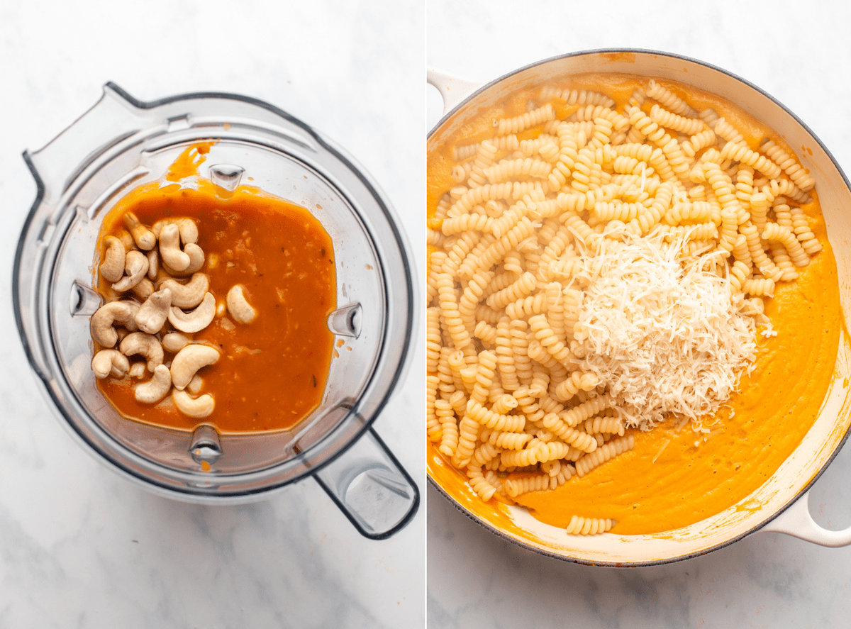 side-by-side photos of sauce before blending and after blending being mixed with pasta