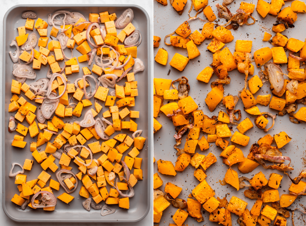 side-by-side photos of butternut squash before and after roasting