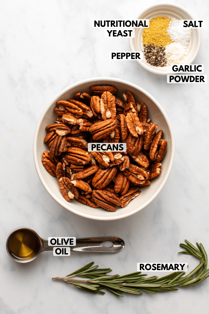 ingredients for roasted rosemary pecans on kitchen countertop
