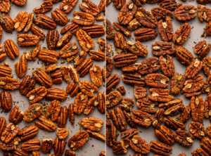 side-by-side photos of pecans before and after roasting