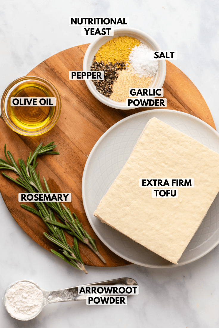 ingredients for rosemary garlic tofu on kitchen counter