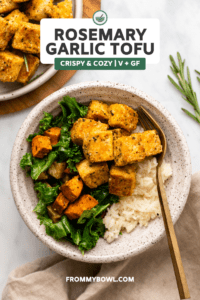 crispy tofu in bowl with rice and roasted vegetables