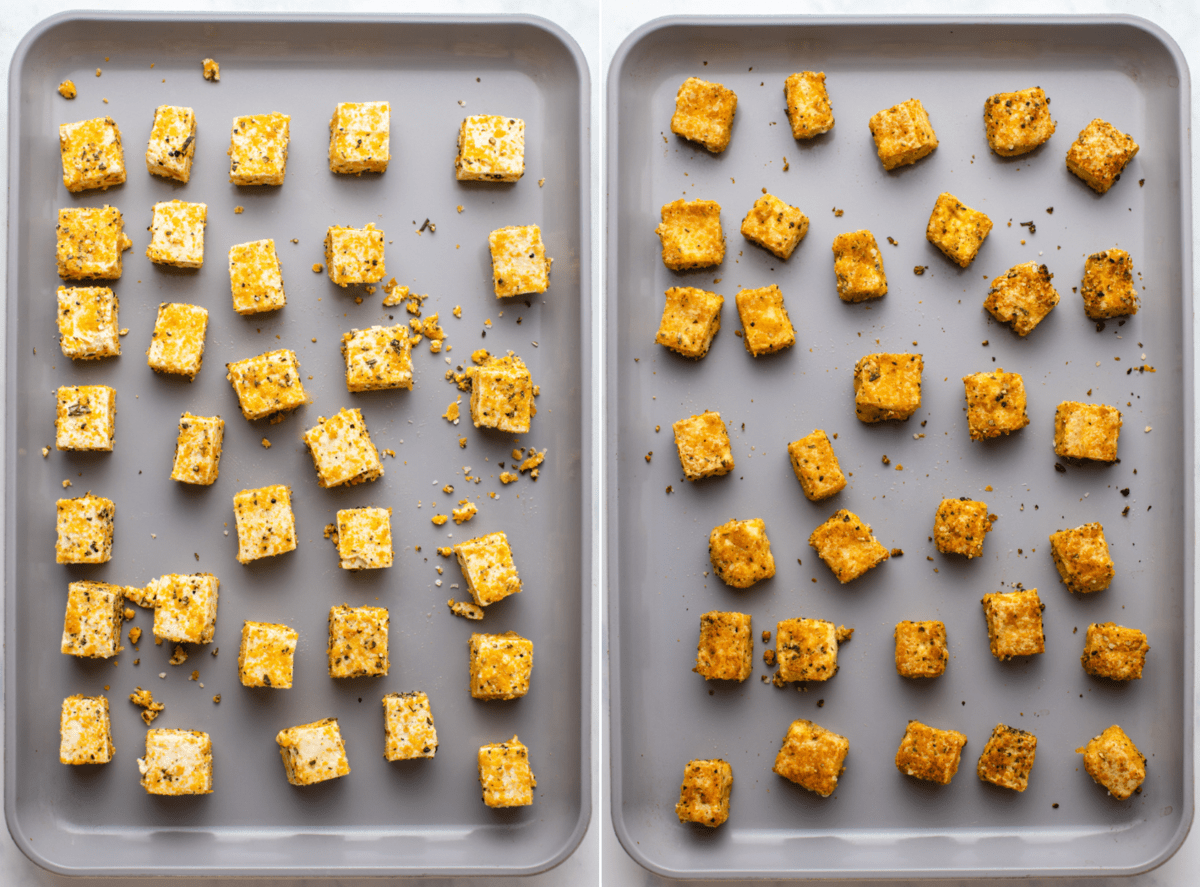 side-by-side photos of tofu on baking sheet before and after baking