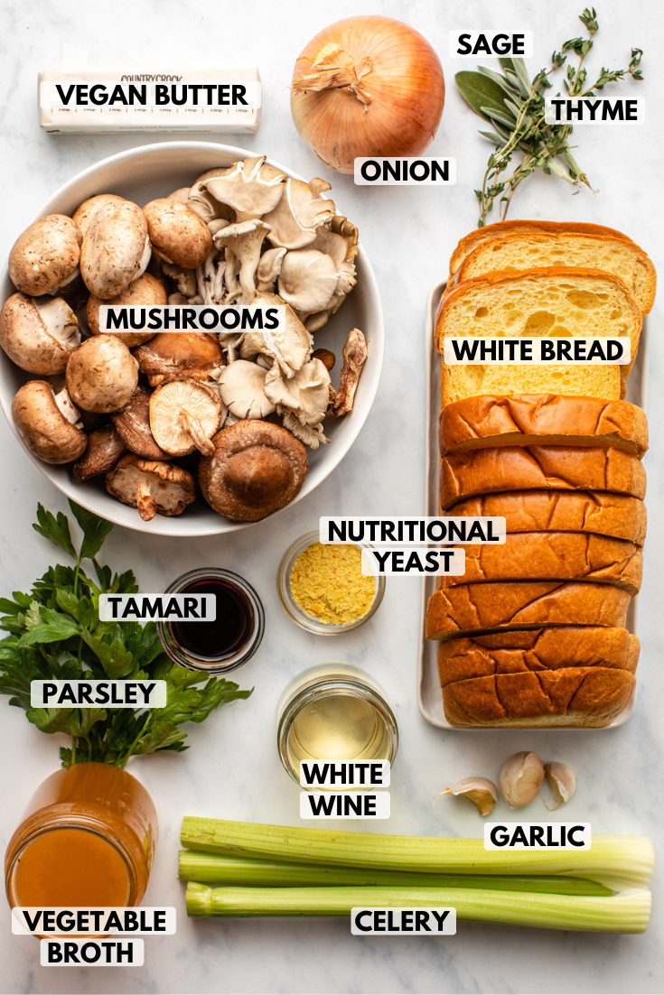 ingredients for vegan stuffing arranged on kitchen counter