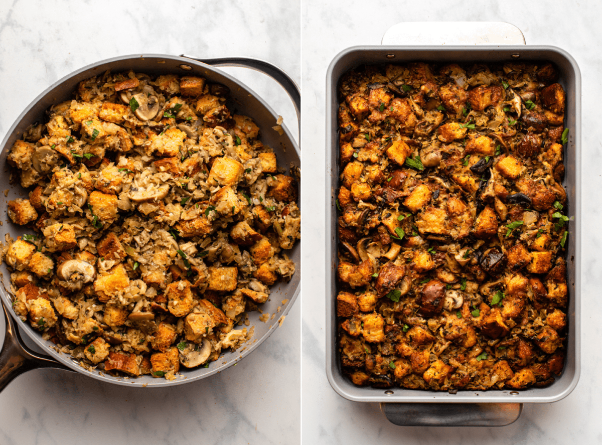 side by side photos of stuffing mixed in pan and then in baking dish after baking