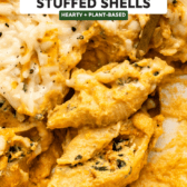 butternut squash stuffed shells after baking with serving spoon