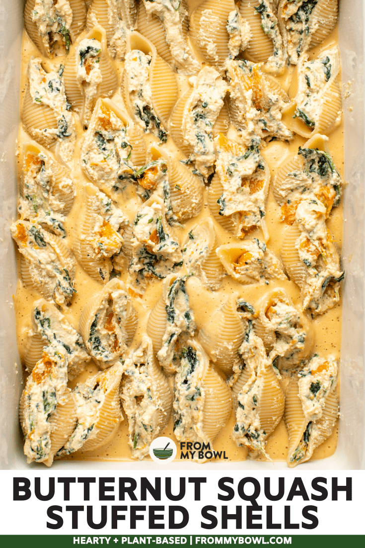 vegan butternut squash stuffed shells in baking dish before covering with sauce