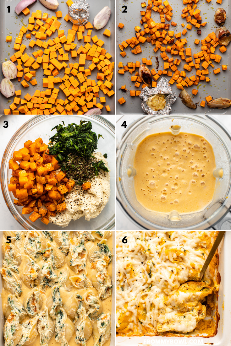 collage of step by step photos for making butternut squash stuffed shells
