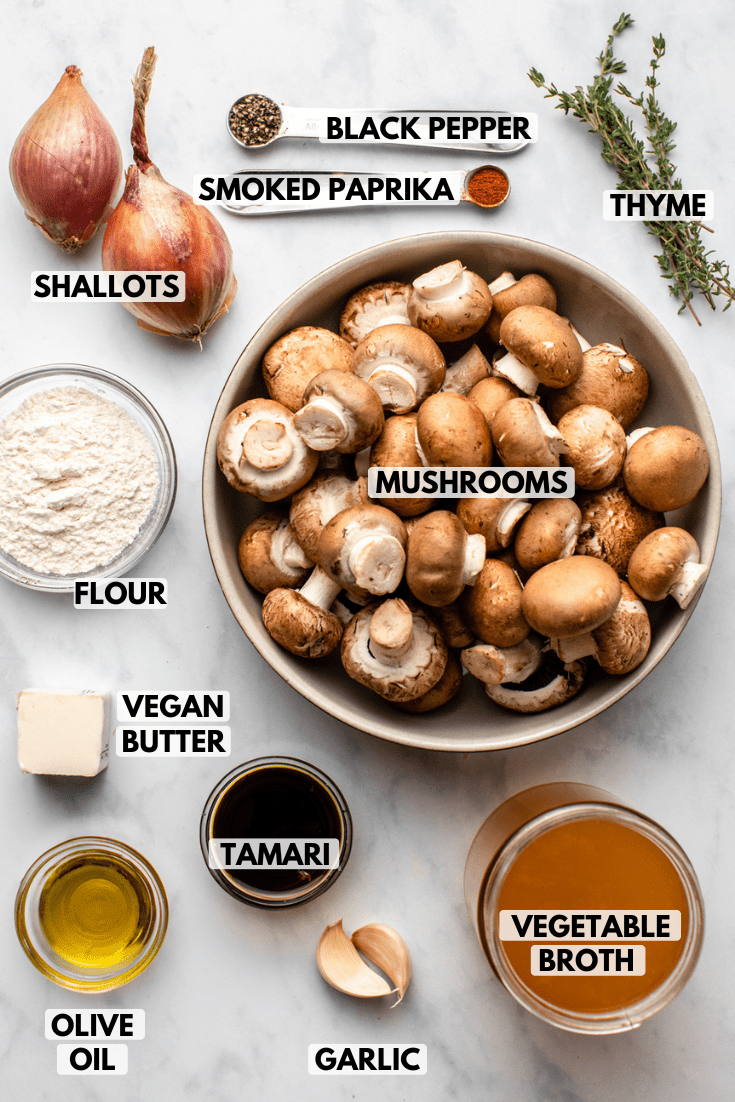 ingredients for vegan mushroom gravy arranged on kitchen countertop