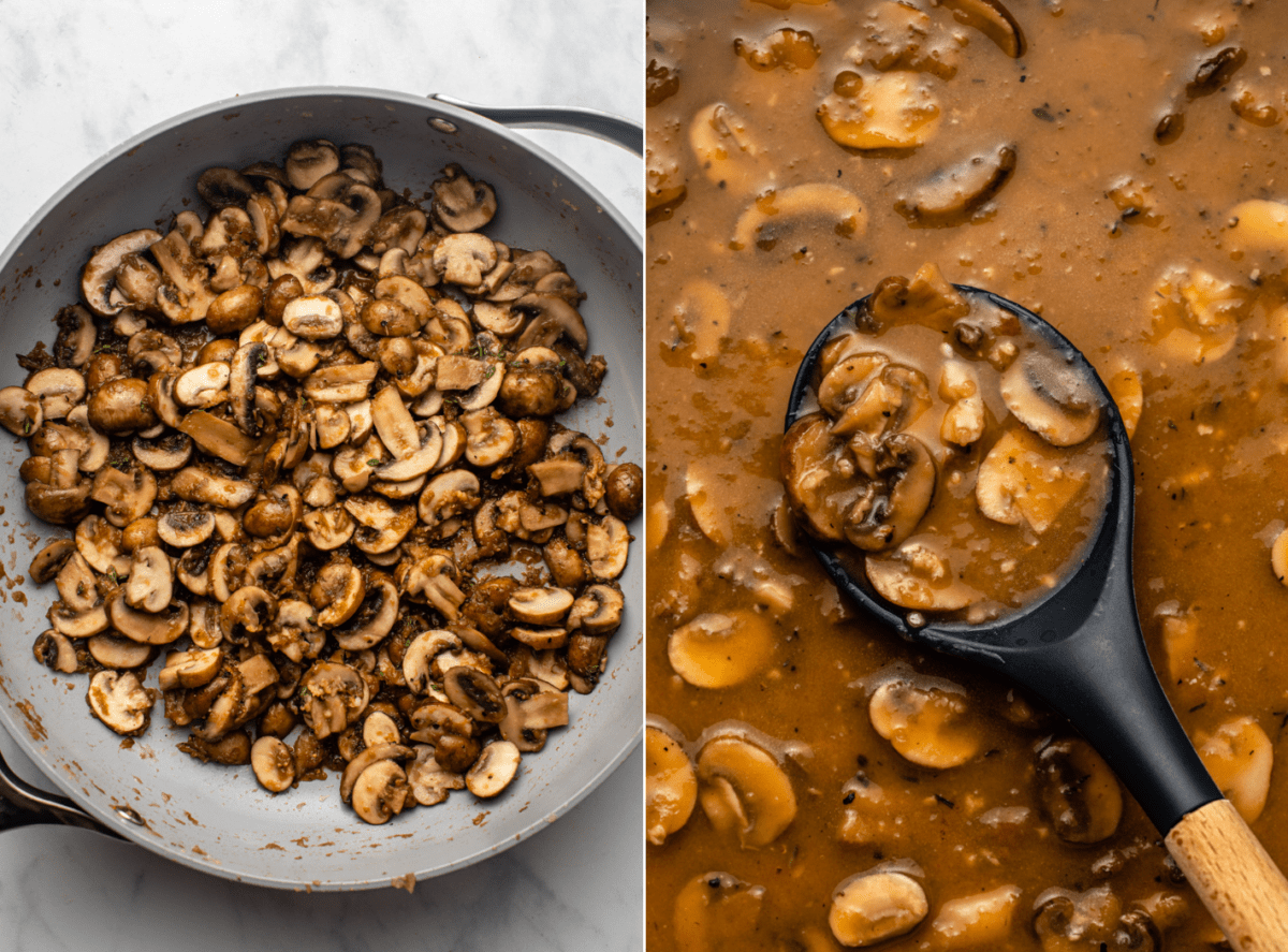 side by side photos of cooked mushrooms in pan next to finished gravy on spoon in same pan