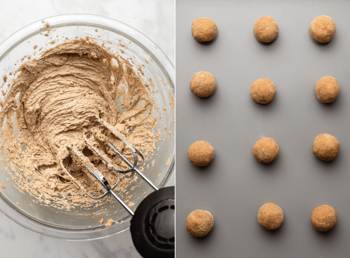 side-by-side photos of sugar and butter in mixing bowls next to photo of cookie dough balls on baking sheet before baking