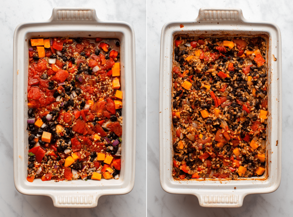 side by side images of the chipotle black bean casserole before and after it's baked in the oven