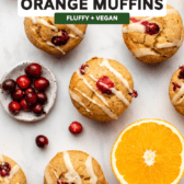 vegan muffins on marble countertop with orange glaze