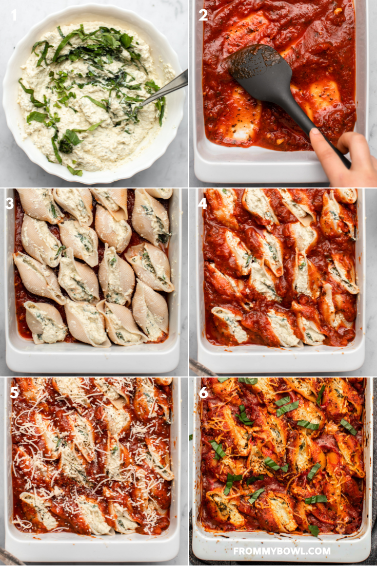 a collage of six images where the process of cooking is shown: mixing fresh basil with vegan ricotta and then layering pasta sauce and stuffed shells on a casserole