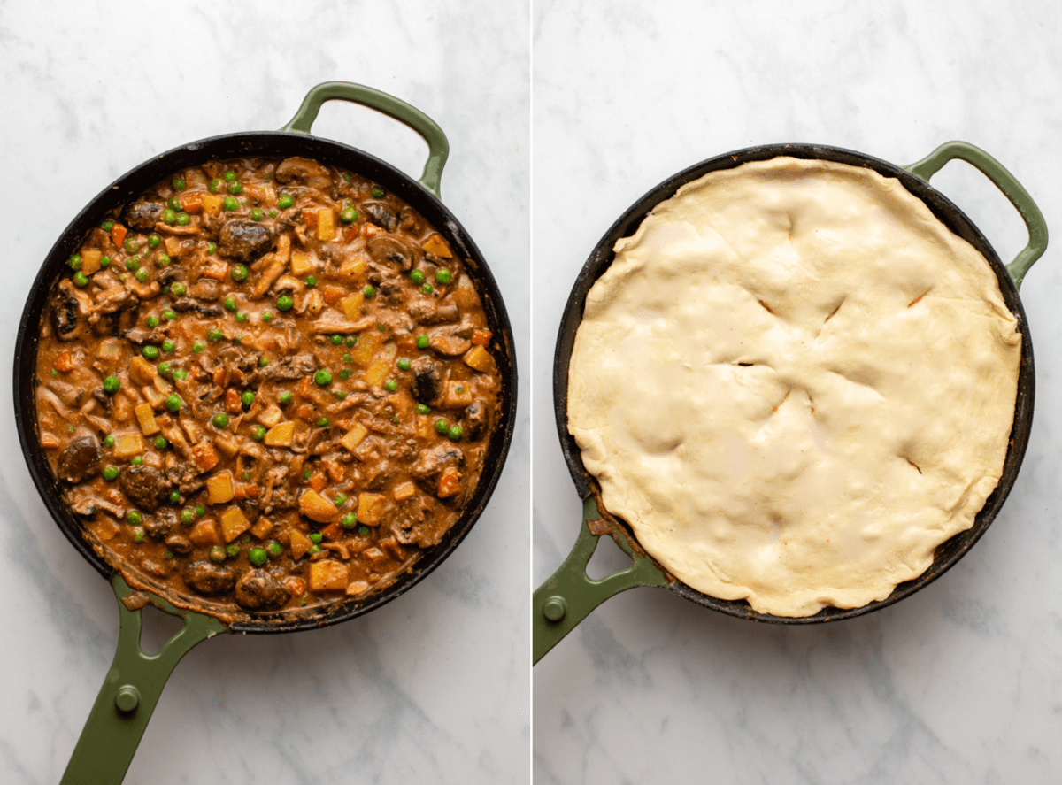 side-by-side images of the mushroom pot pie before and after the puff pastry is placed on top of the pan