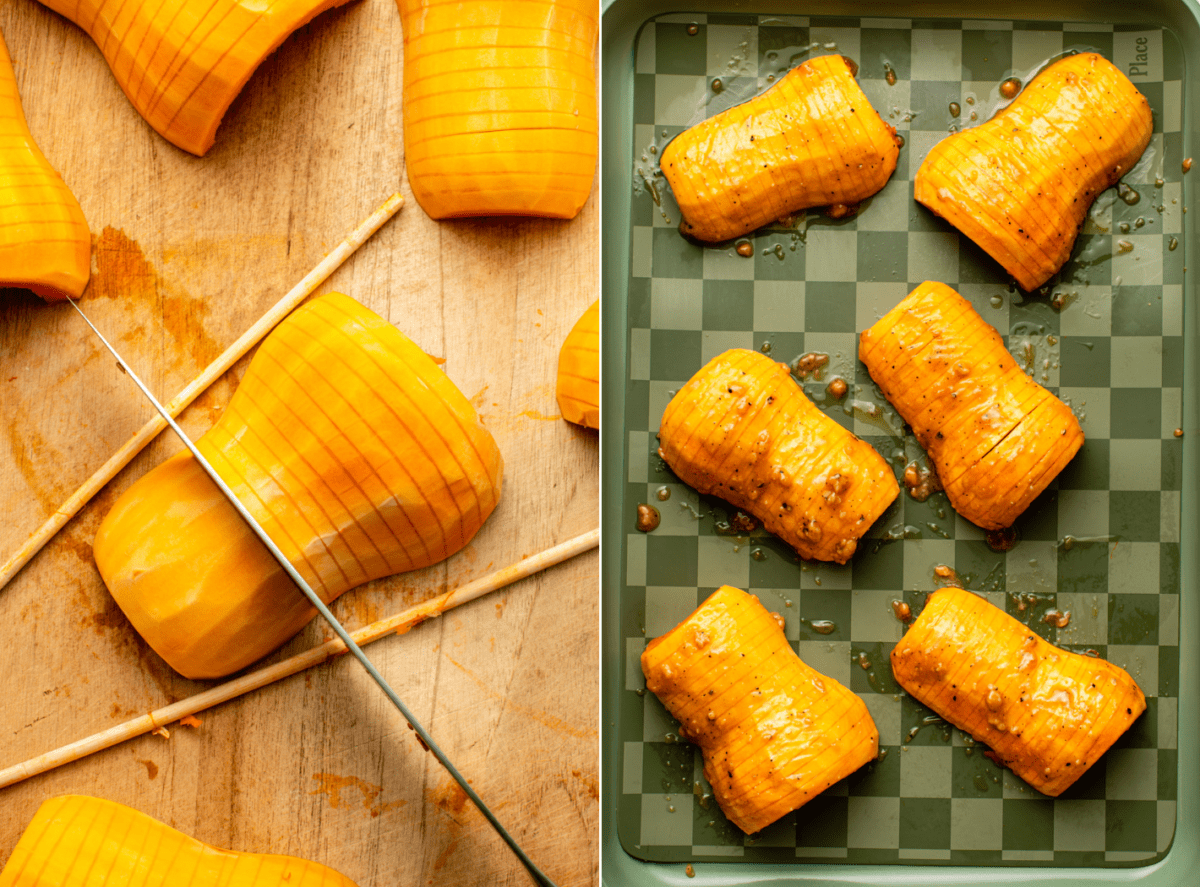 Side-by-side photos of honeynut squash placed on top of two long skewers with a knife cutting it into thin slices, next to a photo of squash on a silicone baking sheet before roasting