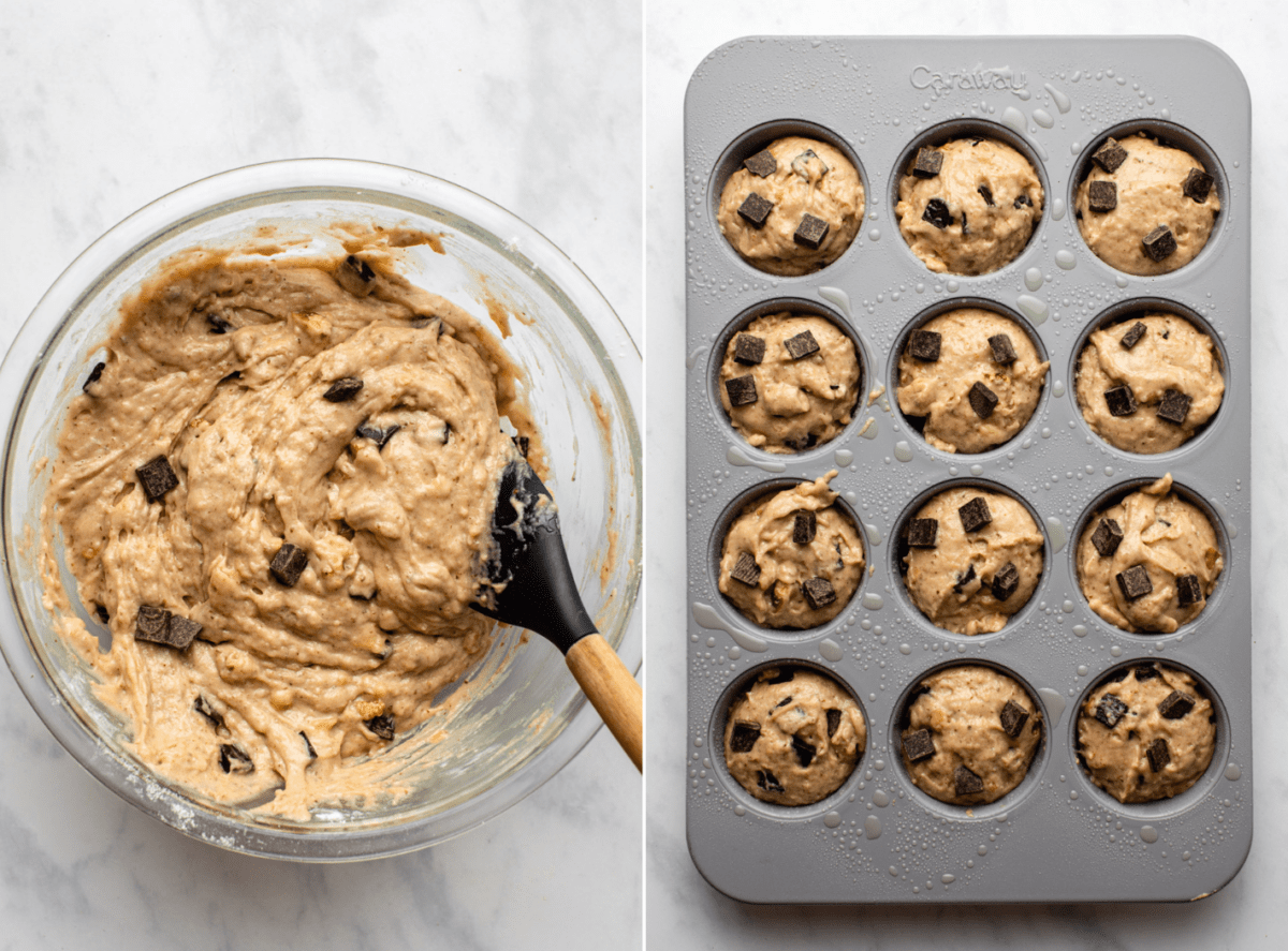 side-by-side images of the baking process of vegan banana muffins, with the image on the left showing the batter and the right image showing portioned in muffin tins