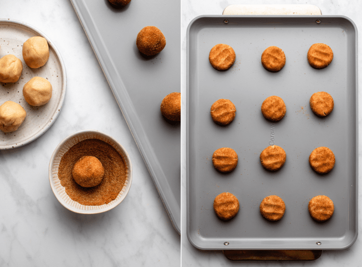 side-by-side images of the baking process of vegan snickerdoodles, with the image on the left showing a cookie ball rolled in the cinnamon sugar topping, and the right image showing cookie balls laid out on a baking tray
