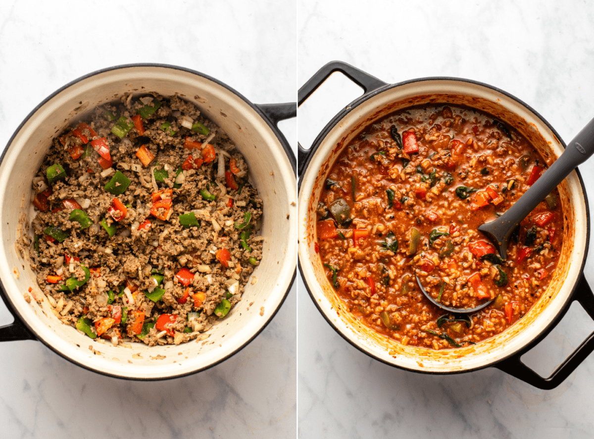 side-by-side images of stuffed pepper soup's cooking process in a large pot