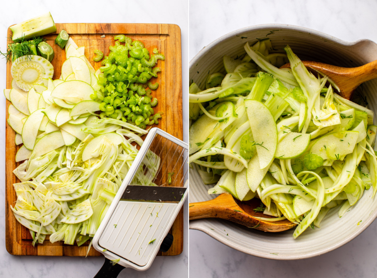 side-by-side images of shaved fennel salad with the image on the left showing a mandolin and vegetables, and the image on the right with the salad in a bowl