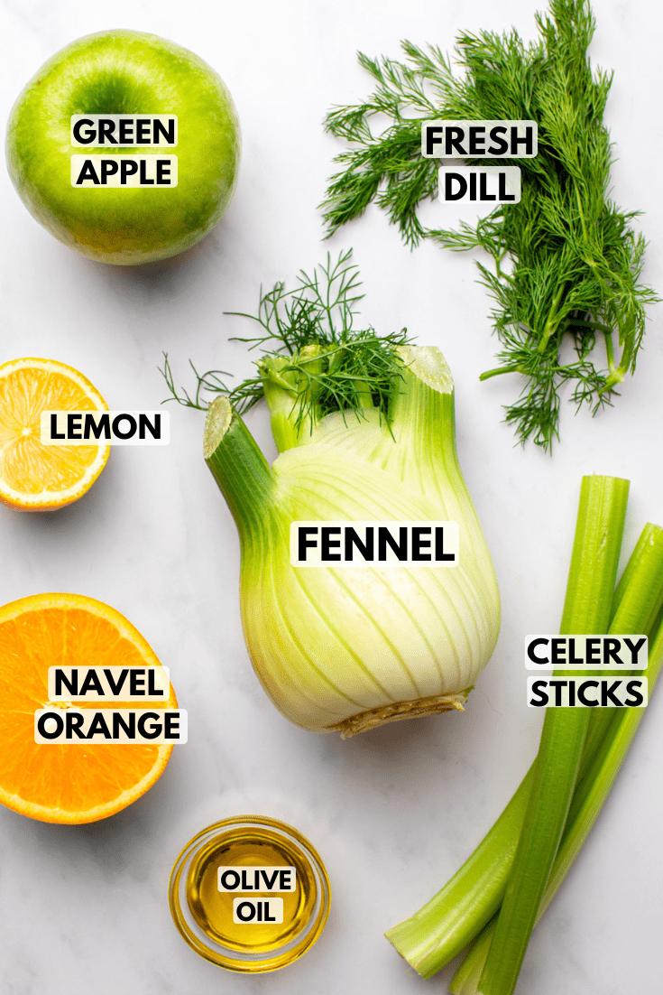 ingredients for shaved fennel salad served on a marble kitchen countertop