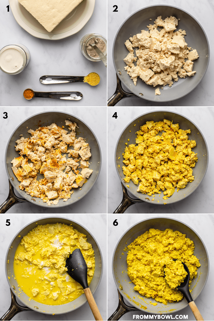 side-by-side images of the tofu scramble cooking process with new ingredients added on each photo