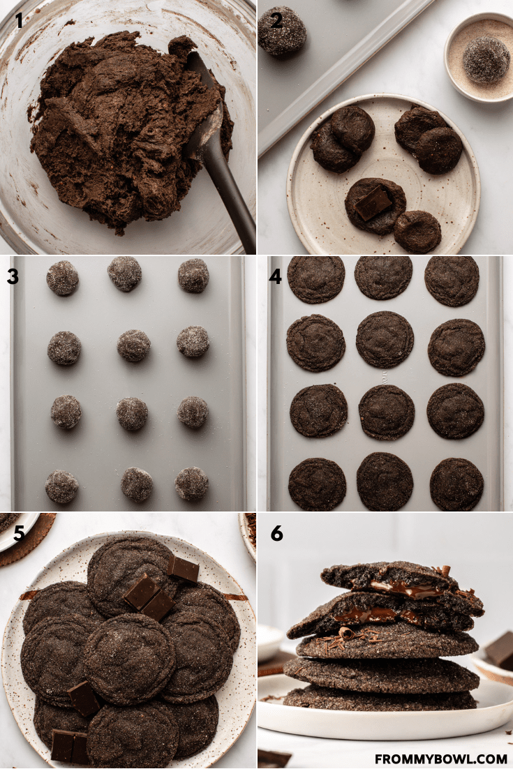 side-by-side images of the baking process of vegan chocolate cookies, with images showing the mixing process of cookie dough and cookies being laid on a baking tray respectively