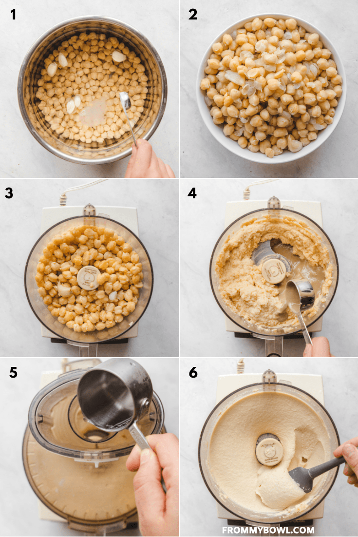 Step-by-step photos showing process for how to make homemade hummus in a food processor.