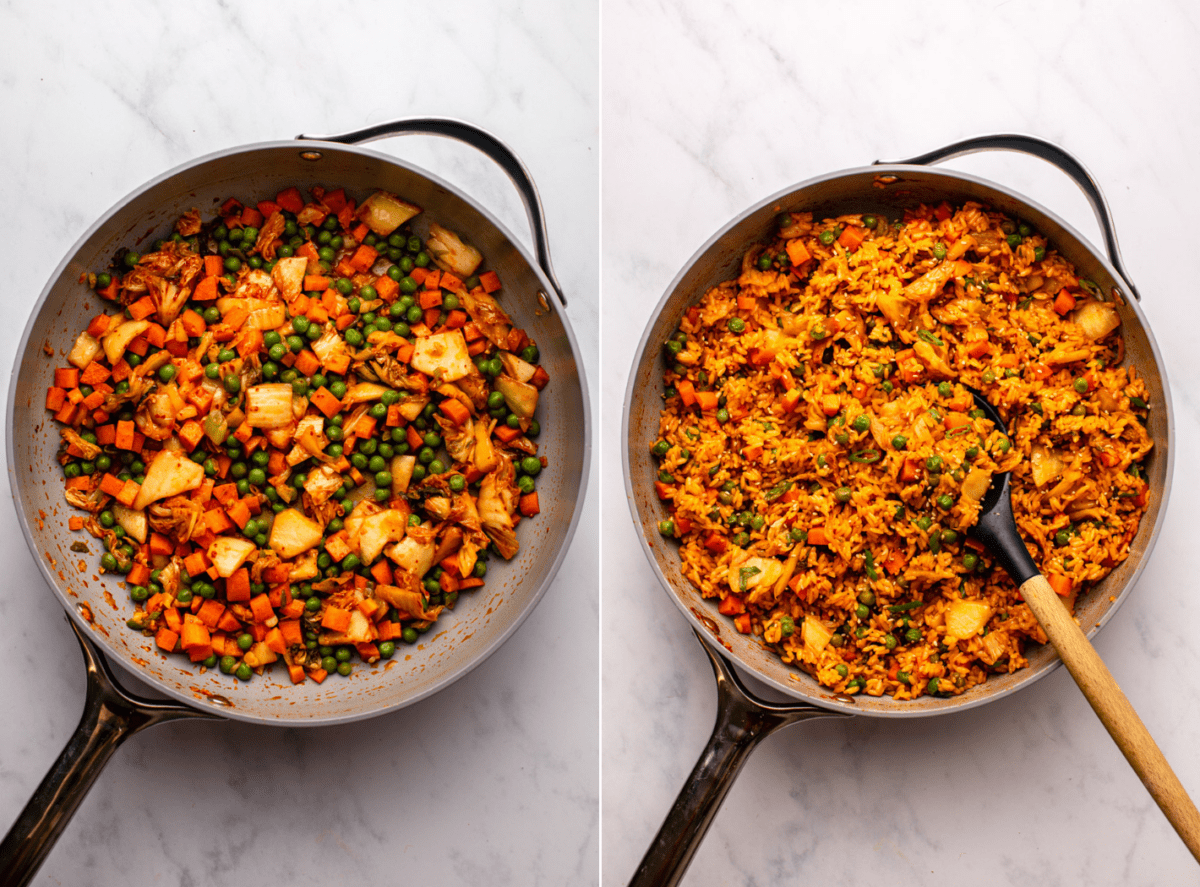 side-by-side images of the cooking process of kimchi fried rice, with the image on the left showing veggies and kimchi being cooked in a large saucepan, and the image on the right showing the completed version
